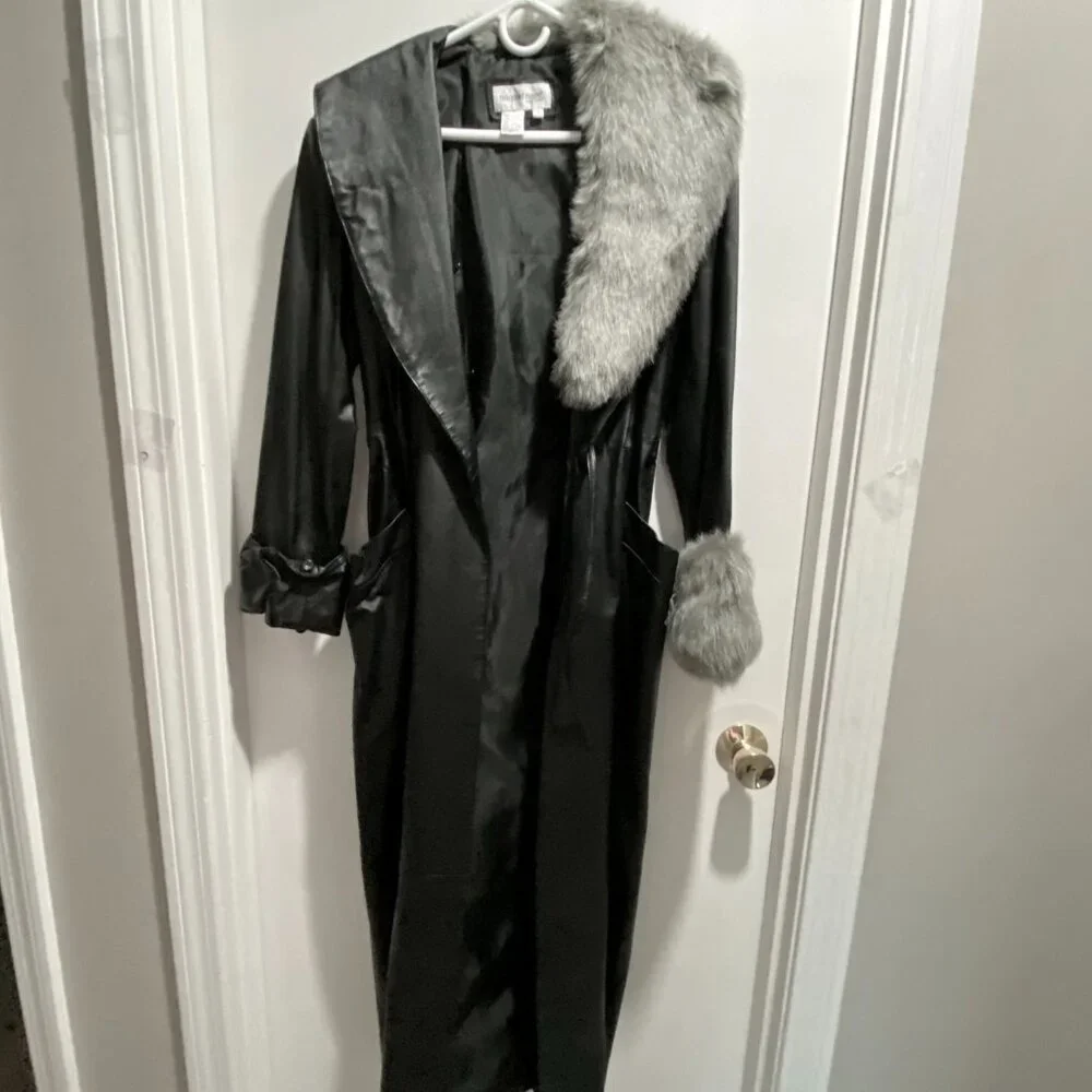 Vintage Newport News Leather Faux Fur Steampunk Goth Punk Belted Y2K Long Coat S - Picture 13 of 13